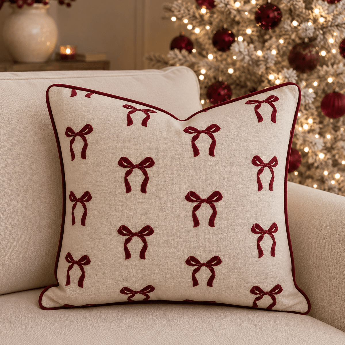 Belle Burgundy Bow Print Feather Filled Cushion - 45x45cm 