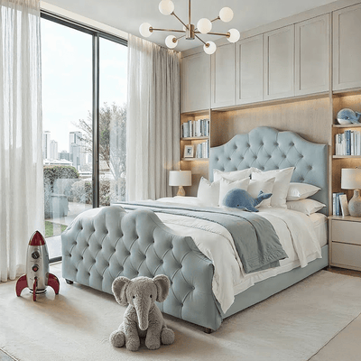 Belvoir Blue Velvet Luxury Curved Velvet Bed Beds and Headboards 