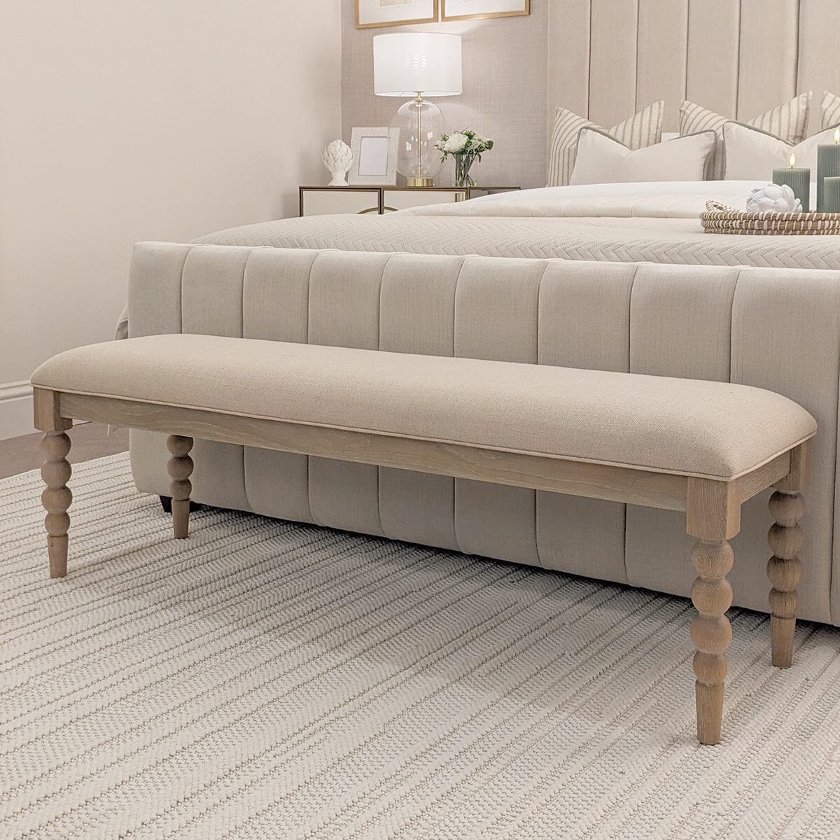 Blenheim Linen Fabric Top Bench with Oak Legs Furniture 