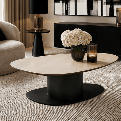 Bordeaux Black Oval Coffee Table with Travertine Top Furniture 