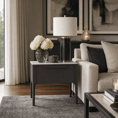 Cairo Luxury Dark Grey Oak Veneer 1 Drawer Bedside Table with Faux Marble Top Furniture 