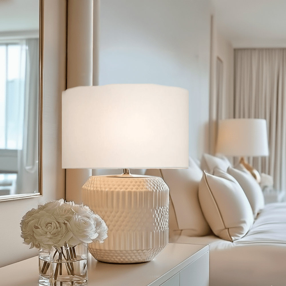 Candar White Geometric Textured Ceramic Table Lamp Lighting 