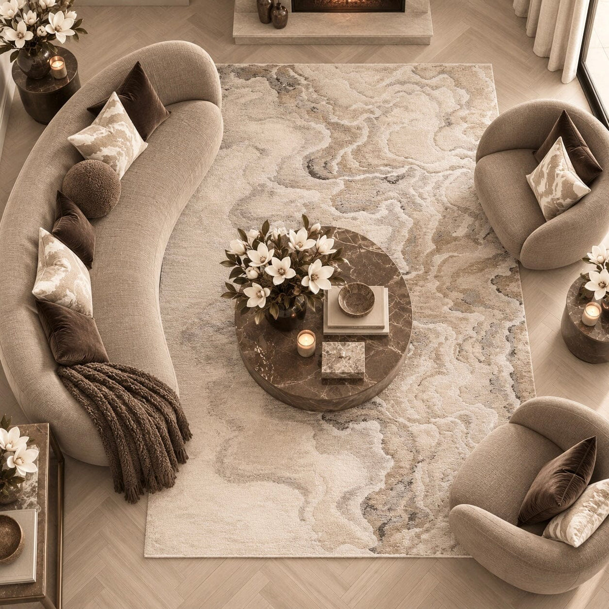 Casablanca Neutral Luxury Metallic Marble Effect Rug Textiles 