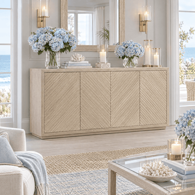 Cecily Luxury Washed Wood Herringbone 4 Door Sideboard Furniture 