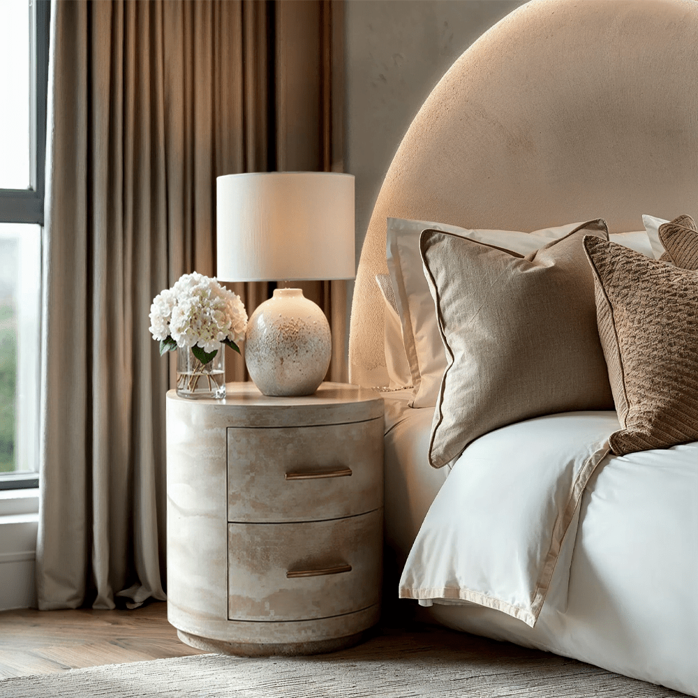 Celeste Round Neutral Marble Effect 2 Drawer Bedside Table Furniture 