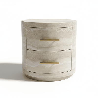 Celeste Round Neutral Marble Effect 2 Drawer Bedside Table Furniture 
