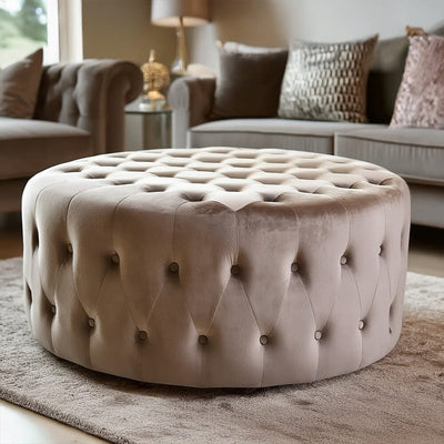 Cetona Taupe Velvet Buttoned Round Footstool Sofa 