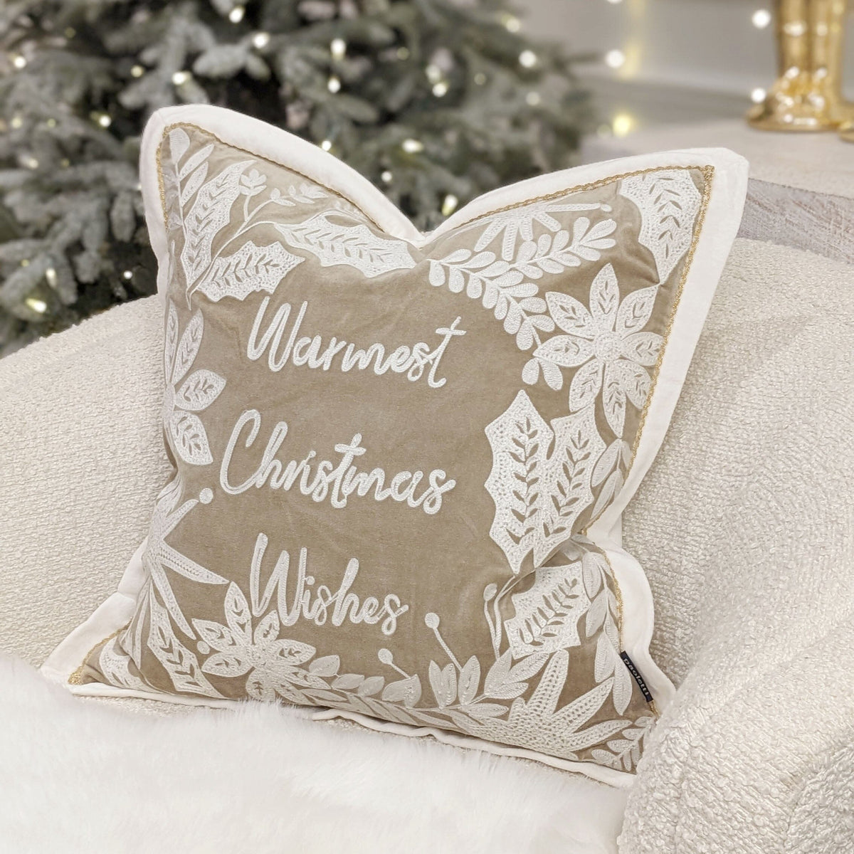 Christmas Warmest Wishes Beige & Cream Feather Filled Cushion - 50x50cm Textiles 