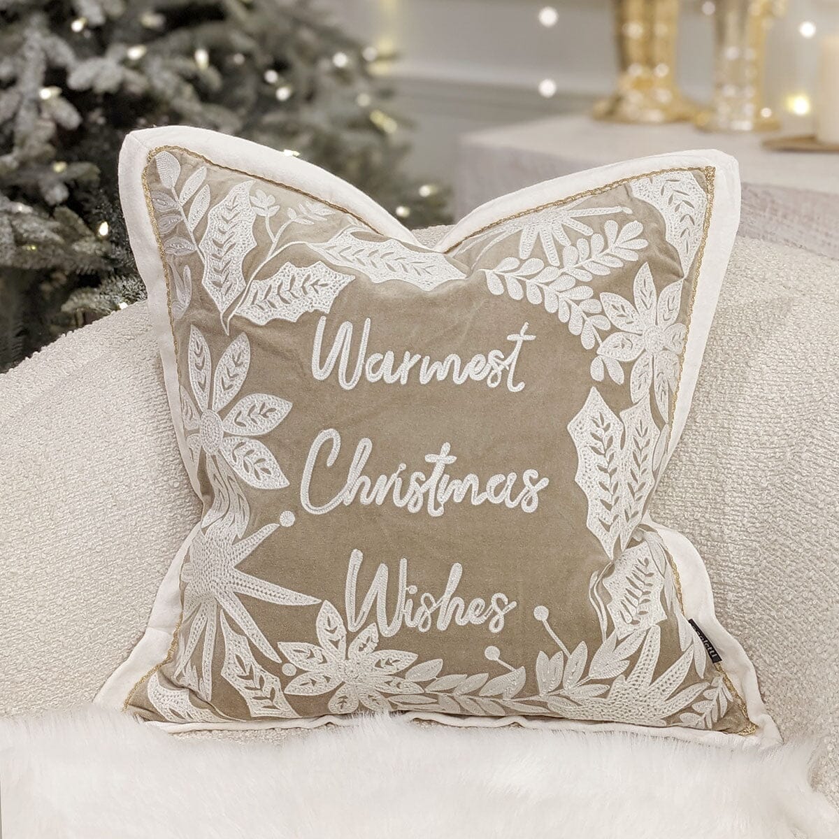 Christmas Warmest Wishes Beige & Cream Feather Filled Cushion - 50x50cm Textiles 