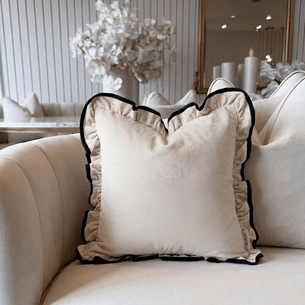 Clairvaux Cream Velvet Frilled Black Trim Cushion Cover - 45x45cm