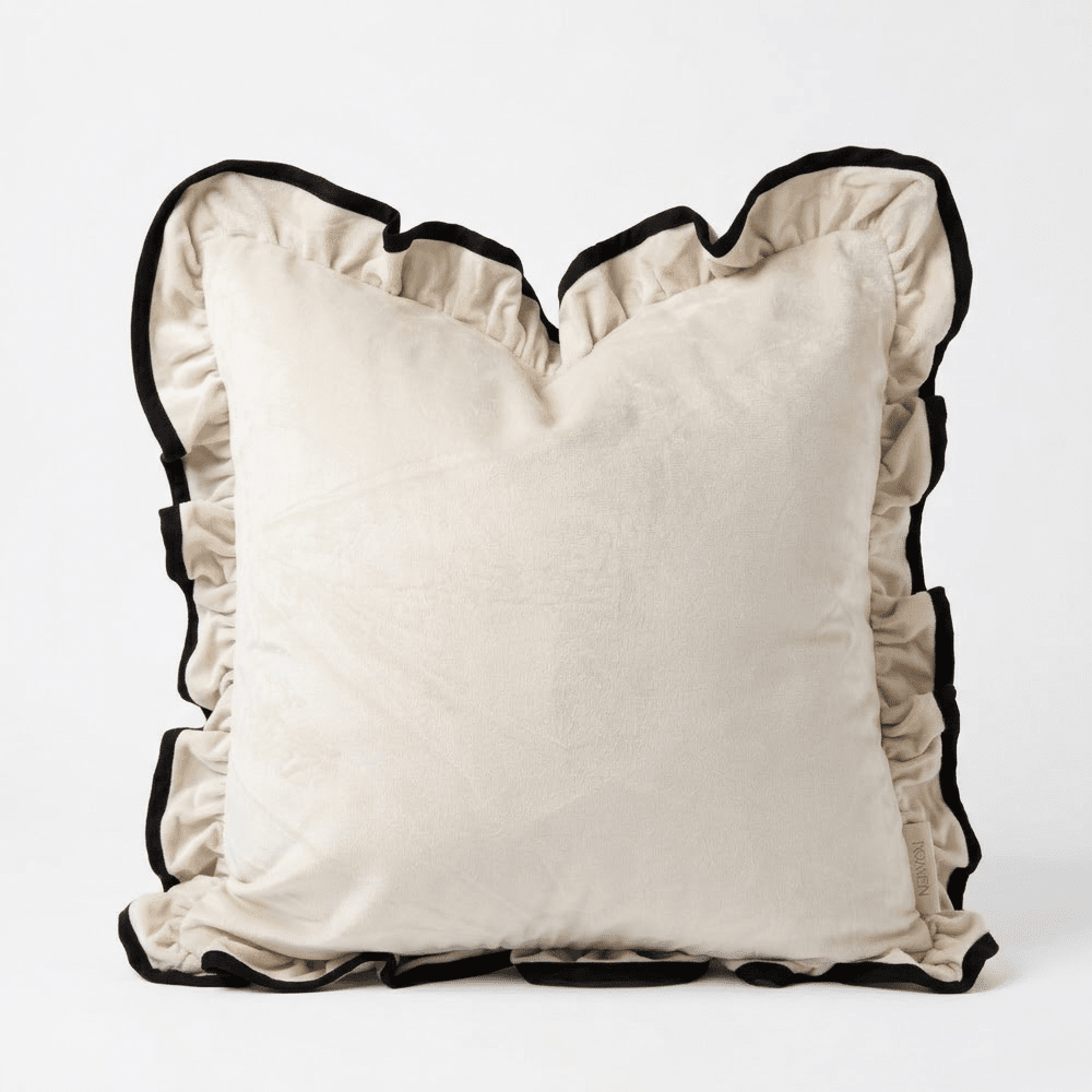 Clairvaux Cream Velvet Frilled Black Trim Feather Filled Cushion - 45x45cm
