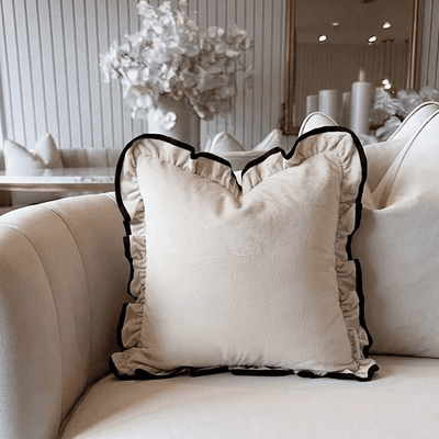Clairvaux Cream Velvet Frilled Black Trim Feather Filled Cushion - 45x45cm 