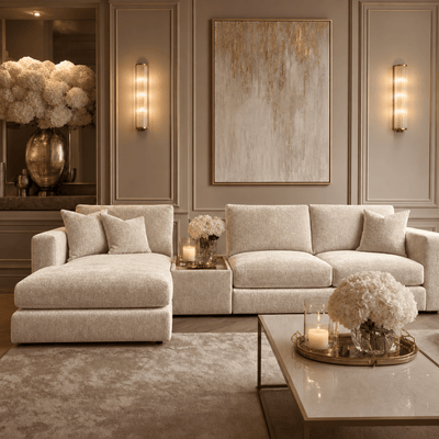Cleo Luxe Chenille Pearl Sofa Range Sofa Small Chaise End Left Hand Facing, with Coffee Console 