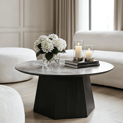 Collins Dark Brown Wooden Coffee Table with Marble Effect Top Furniture 
