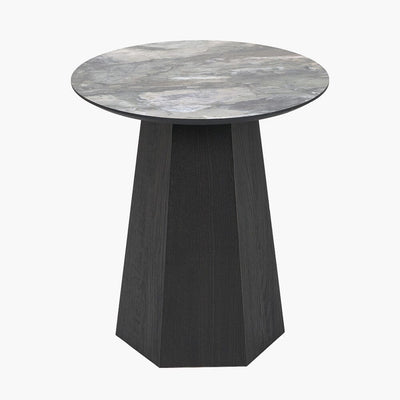 Collins Dark Brown Wooden Side Table with Marble Effect Top Furniture 