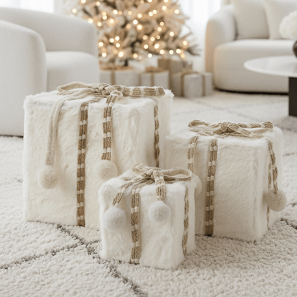 Cream Faux Fur Wrapped Decorative Presents - Set of 3 Accessories 