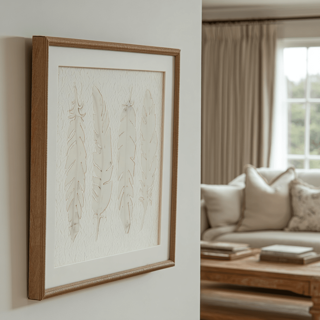 Cyrus Cream Feather Print Wall Art in Wooden Frame Accessories 