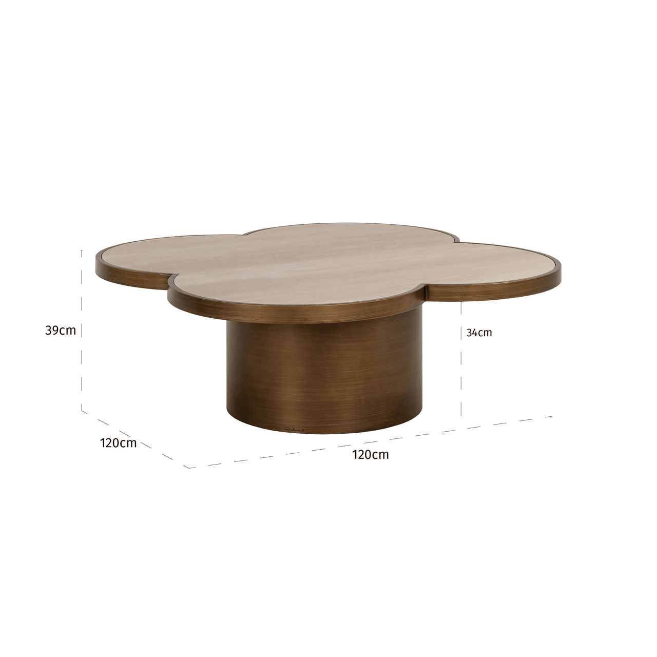 Delia Large Brushed Brass Clover Coffee Table with Travertine Top Furniture 