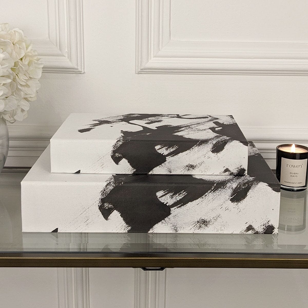 Della Black & White Decorative Brush stroke Effect Book Boxes - Set of 2 Accessories 