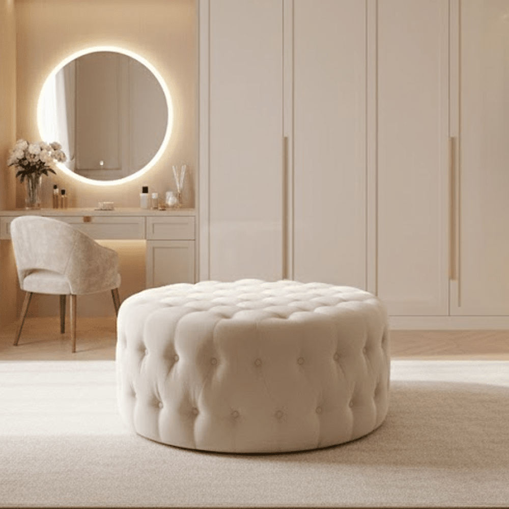 Diele Beige Velvet Round Tufted Footstool Furniture 