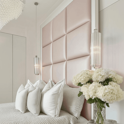 Dream Luxury Pink Satin Squares Headboard with White Wooden Frame 