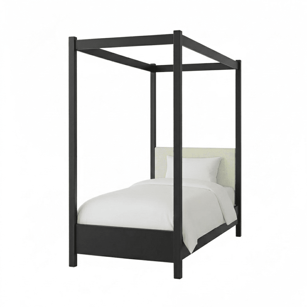 Eden Black 4 Poster Wooden Bed with Cream Velvet Headboard- Single Beds and Headboards 