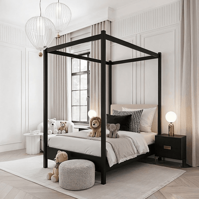 Eden Black 4 Poster Wooden Bed with Cream Velvet Headboard- Single Beds and Headboards 