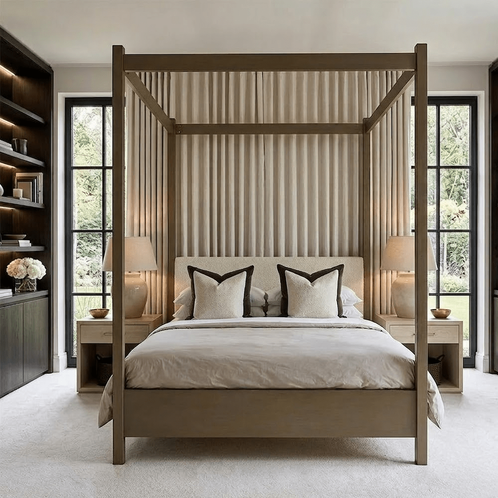 Eden Dark Taupe 4 Poster Wooden Bed with Cream Velvet Headboard 