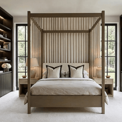Eden Dark Taupe 4 Poster Wooden Bed with Cream Velvet Headboard 