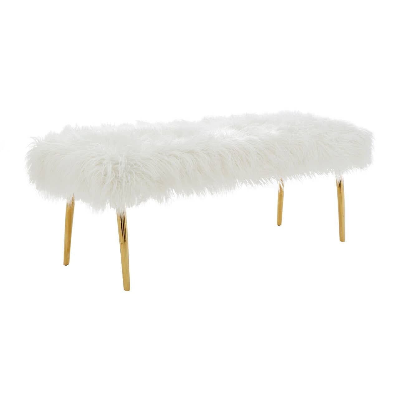 Elinor White Faux Fur Bench with Gold Legs Furniture 