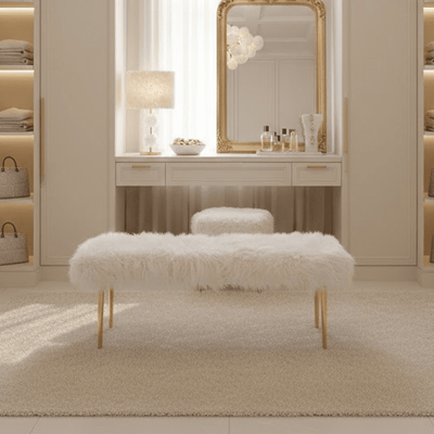 Elinor White Faux Fur Bench with Gold Legs Furniture 