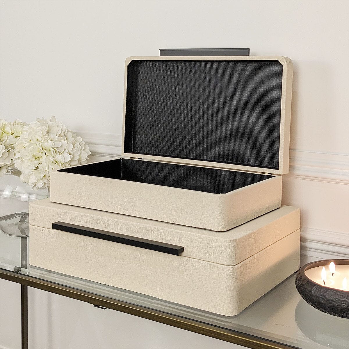 Eliza Luxury Cream Decorative Trinket Boxes with Black Handles - Set of 2 Accessories 
