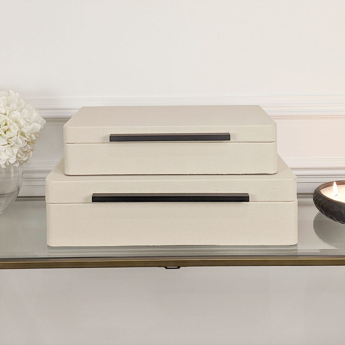Eliza Luxury Cream Decorative Trinket Boxes with Black Handles - Set of 2 Accessories 
