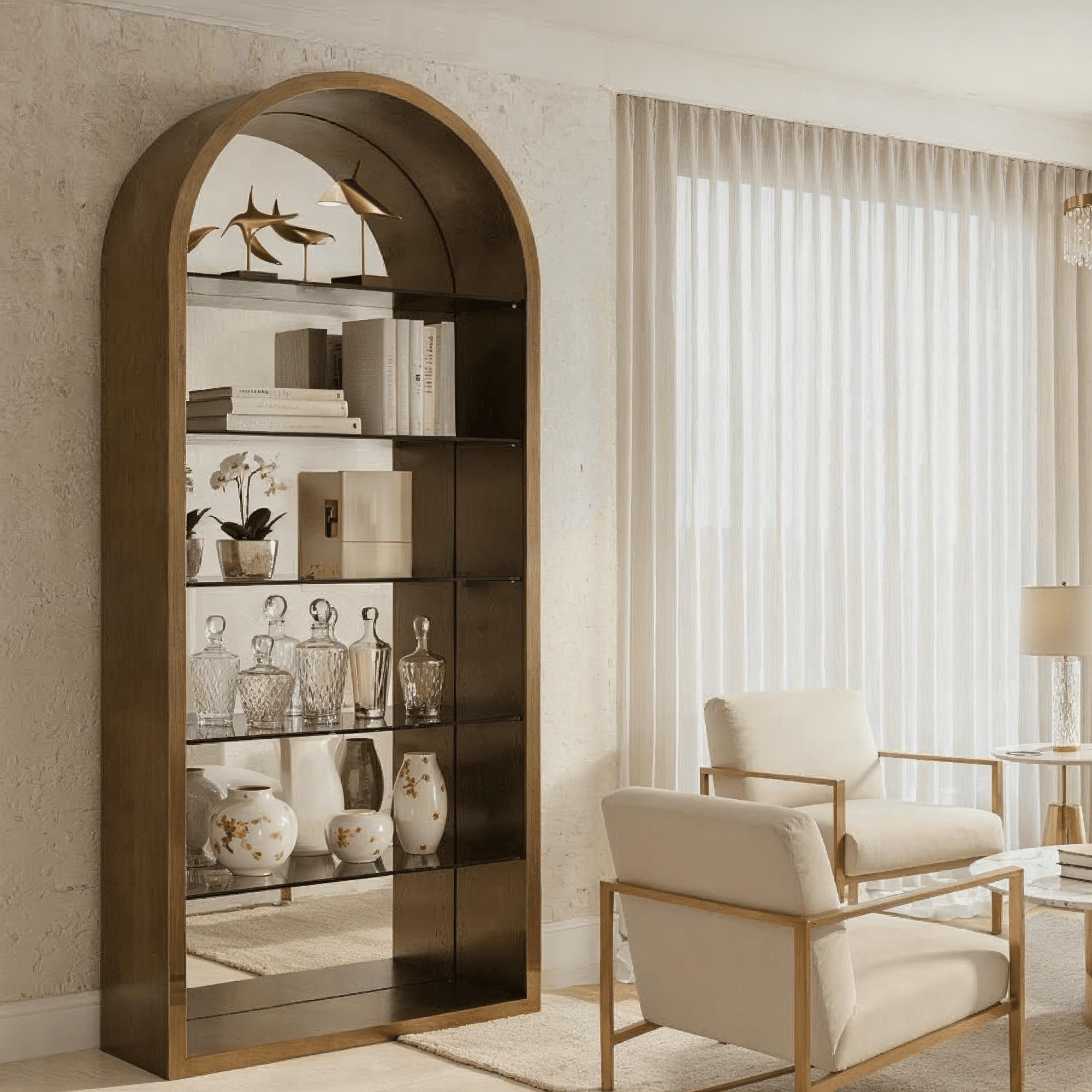 Ellie Brushed Gold Mirrored Arched Shelving Unit Furniture 