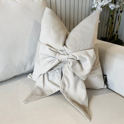 Erina Cream Velvet Decorative Bow Cushion - 45x45cm Textiles 