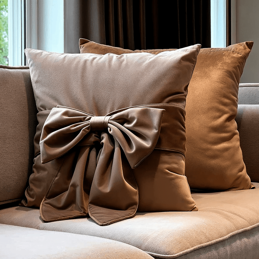 Erina Taupe Velvet Decorative Bow Cushion - 45x45cm Textiles 