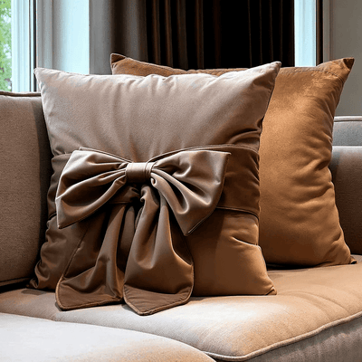 Erina Taupe Velvet Decorative Bow Cushion - 45x45cm Textiles 
