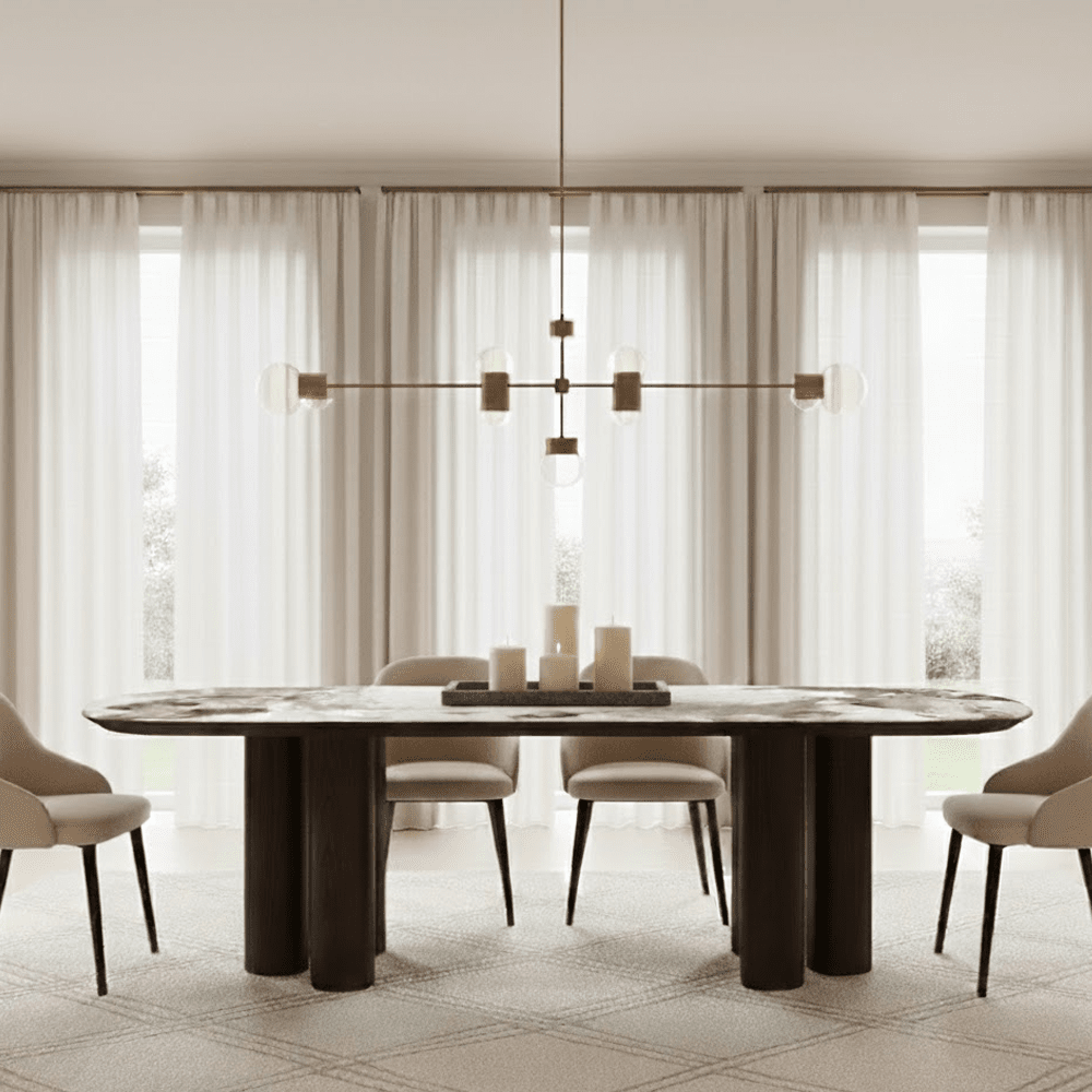 Estrille Brown Oak Veneer Oval Dining Table with Faux Marble Top Furniture 