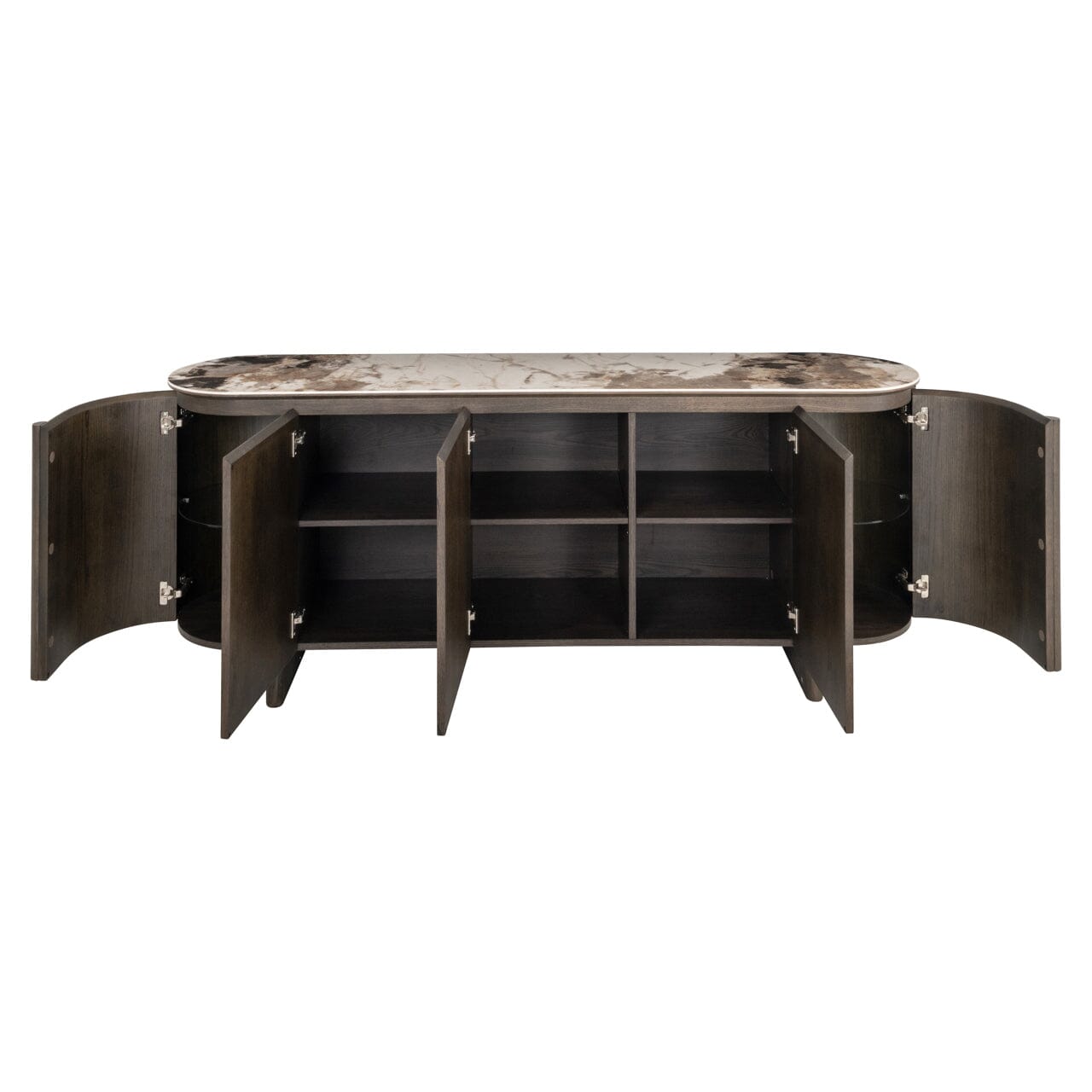 Estrille Brown Oak Veneer Oval Sideboard with Faux Marble Top Furniture 