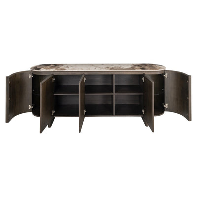 Estrille Brown Oak Veneer Oval Sideboard with Faux Marble Top Furniture 