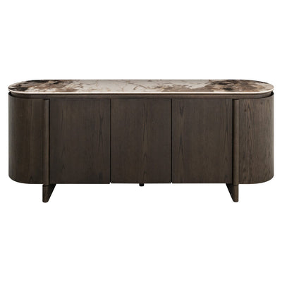Estrille Brown Oak Veneer Oval Sideboard with Faux Marble Top Furniture 
