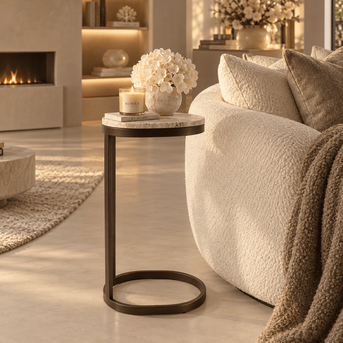 Evan Rounded Marble Top Bronze Side Table Furniture 