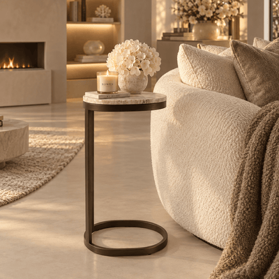 Evan Rounded Marble Top Bronze Side Table Furniture 