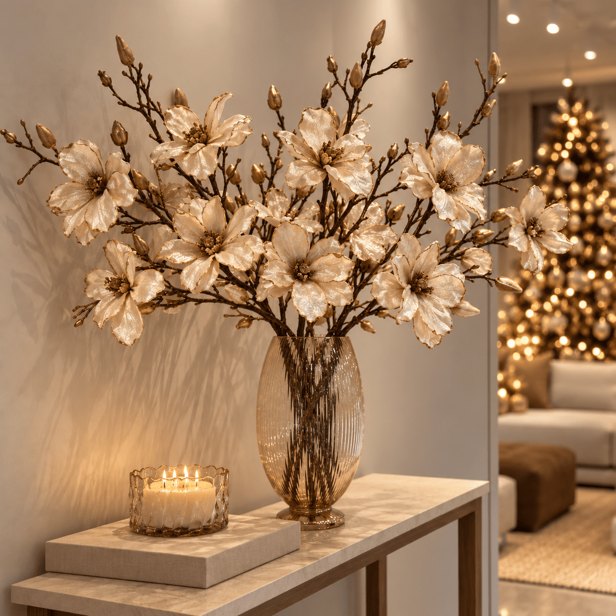 Faux Cream & Gold Magnolia Single Stem Floral Accessories 