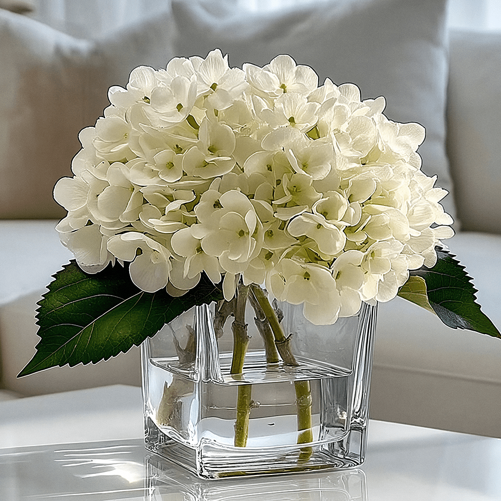 Faux Cream Hydrangeas Floral Arrangement in Square Glass Vase Accessories 