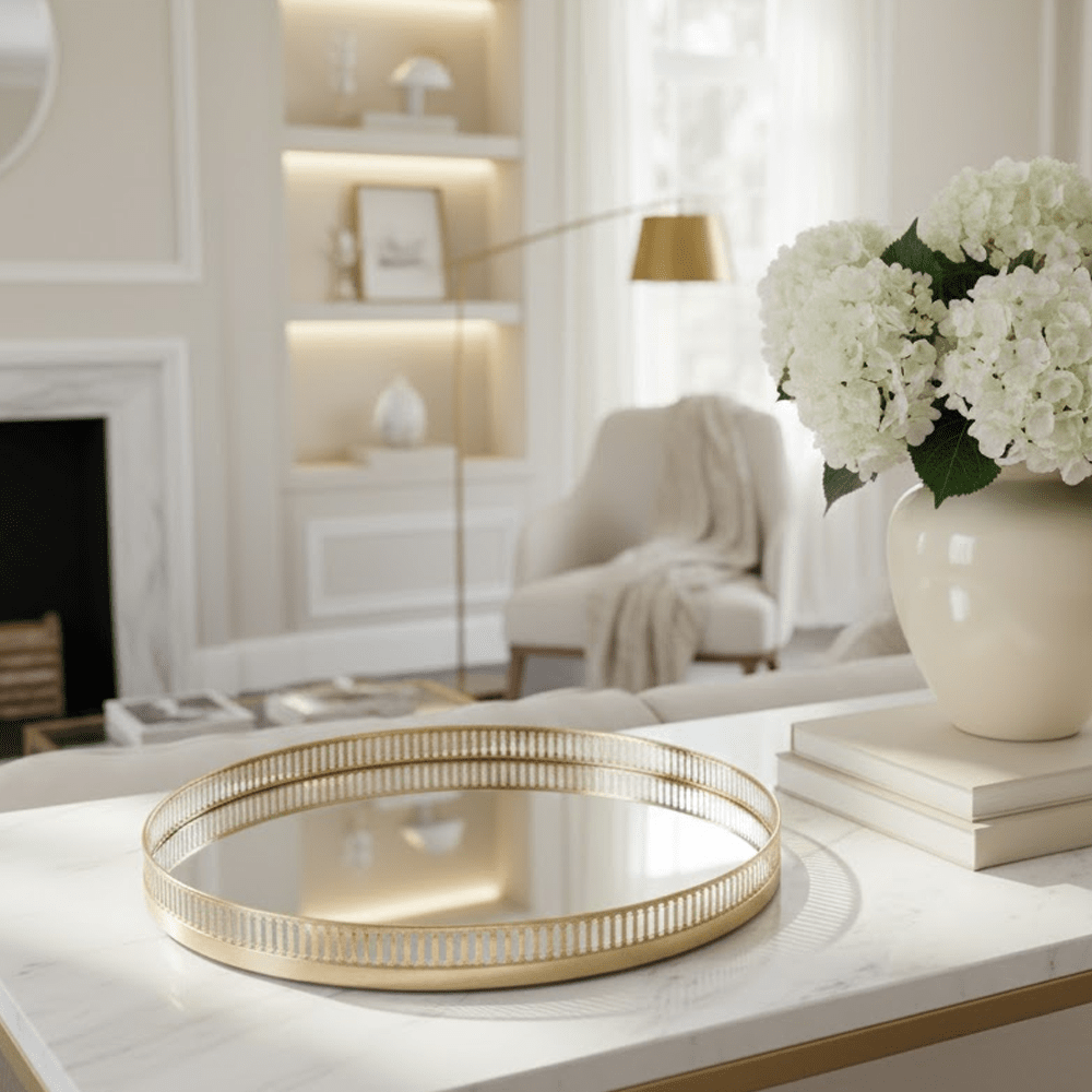 Fern Gold Mirrored Decorative Round Tray Accessories 