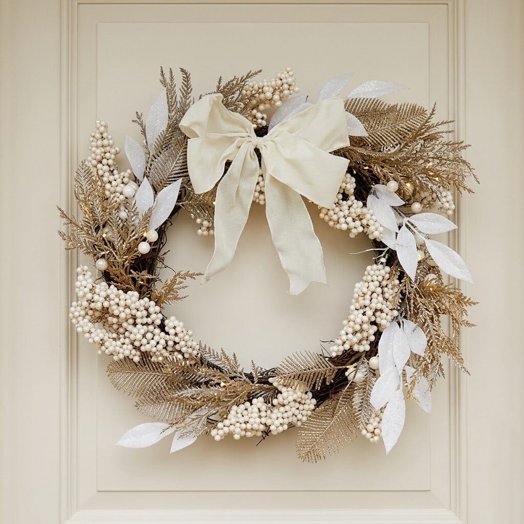 Festive White Berry Christmas Wreath with Cream Bow Accessories 