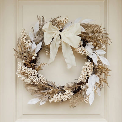 Festive White Berry Christmas Wreath with Cream Bow Accessories 