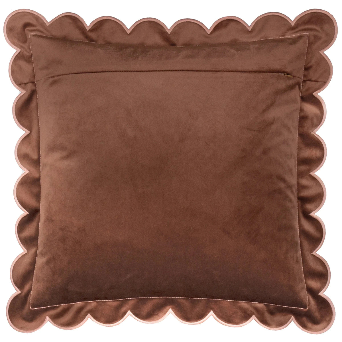 Fiore Brown Velvet Scalloped Edge Cushion Cover with Pink Trim - 45x45cm Textiles 