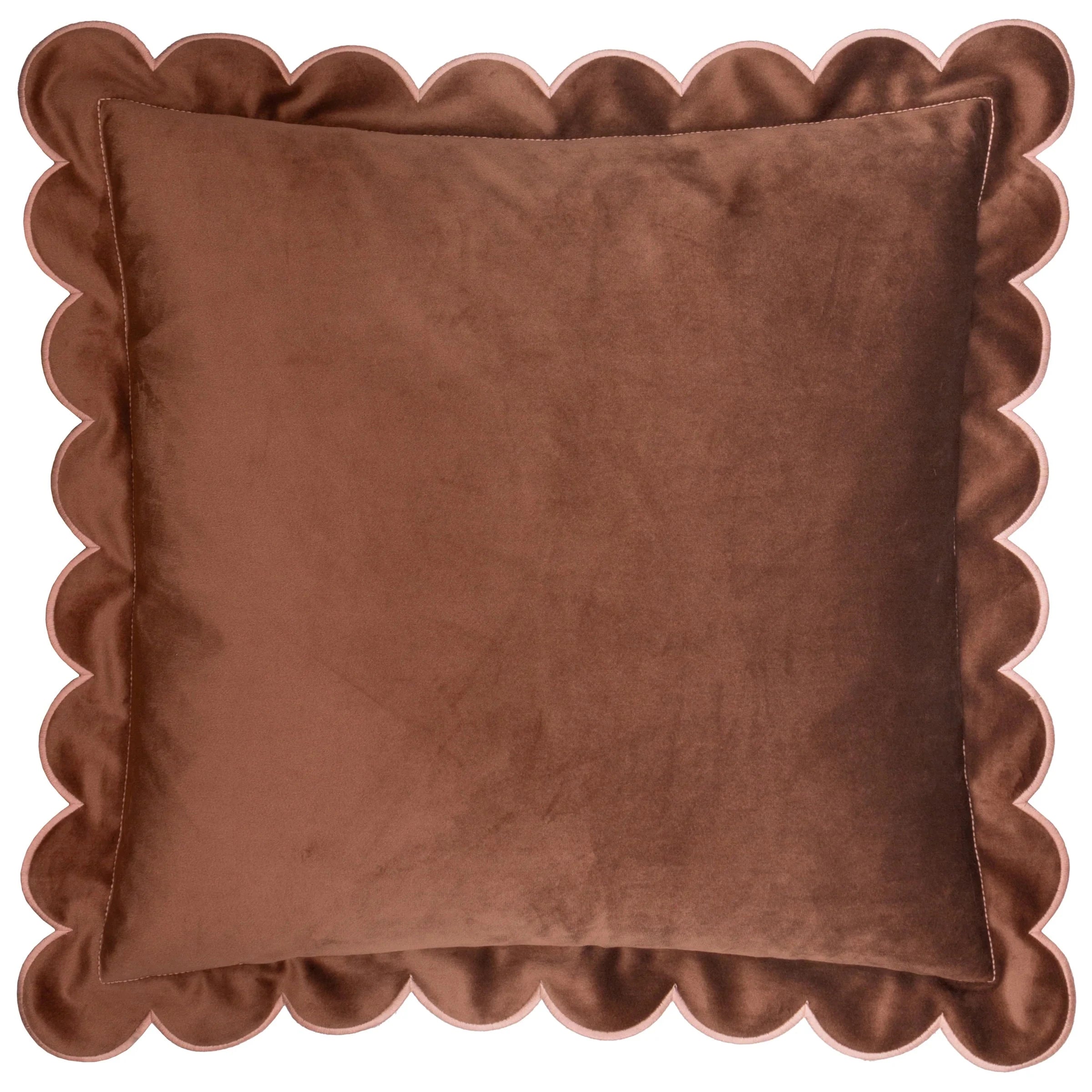 Fiore Brown Velvet Scalloped Edge Cushion with Pink Trim- 45x45cm 